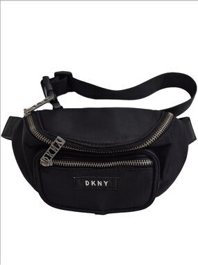 DKNY Black Nylon Waist Pouch Sling Bag - Built - In Card Slots  Silver Hardware
